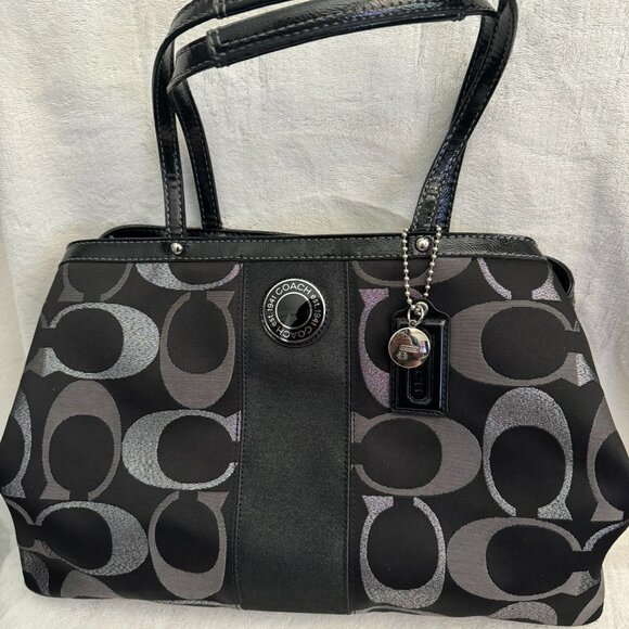 Coach Handbags - COACH SIGNATURE LOGO STRIPE SATCHEL BAG SILVER/BLACK F20427